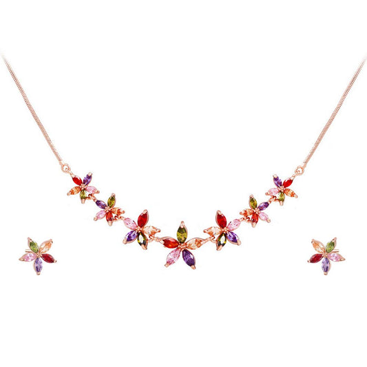 18K Rose Gold Plated Designer Florets Cubic Zirconia Necklace Set